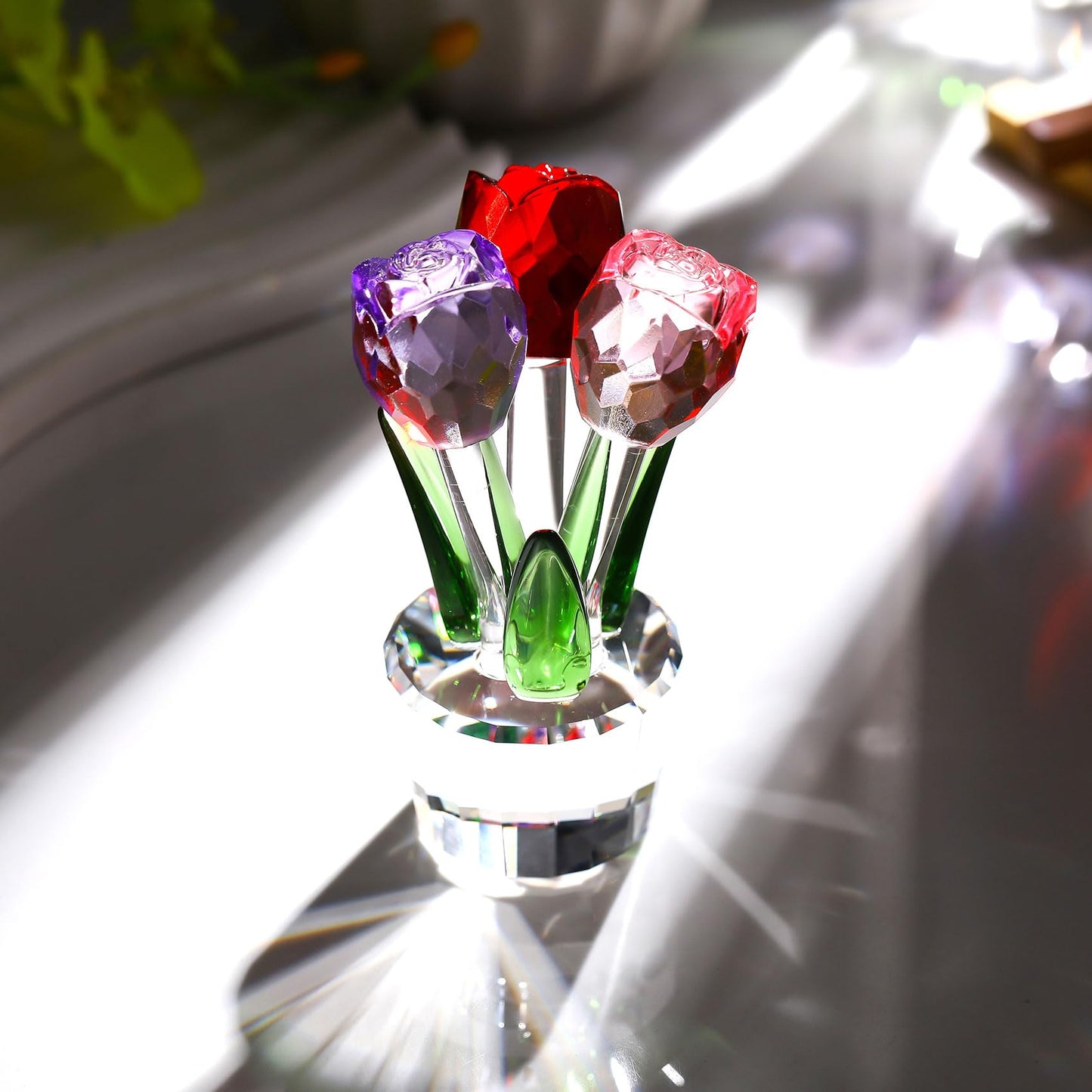 Ornalrist Elegant Crystal Colourful Rose Bouquet Gift for Women Mom Glass Flower Figurine Collectible Floral Decor for Valentine's Day Anniversary Mother's Day Birthday