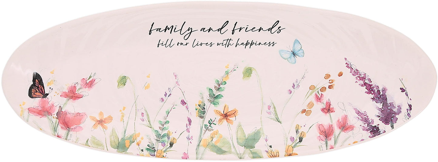 Pavilion Gift Company - Family and Friends Ceramic Tray, Serving Platter, Oval Food Tray, Watercolor Floral/Garden Design, 1 Count, 12 x 4.5 x 1-inch, Multicolor