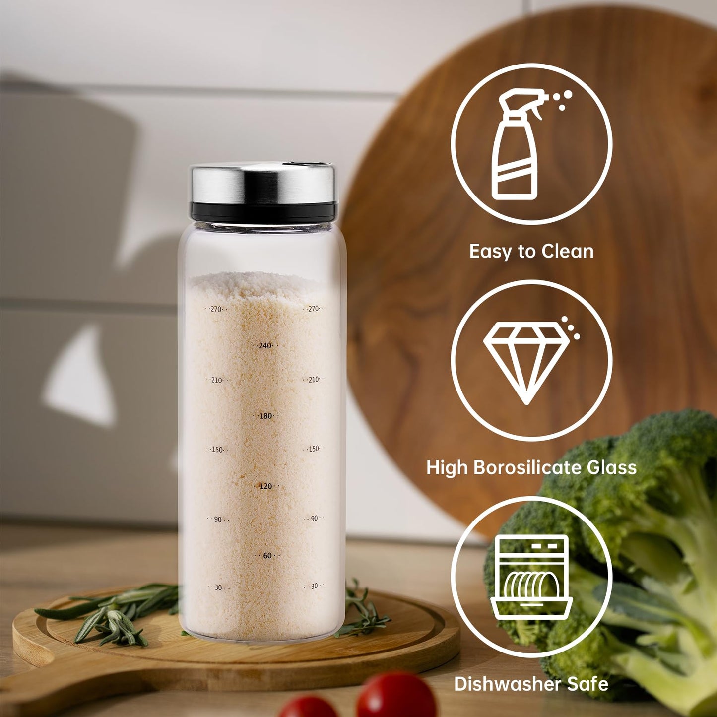 NiHome 2-Pack Spice Shakers with Adjustable Stainless-Steel Lids for Parmesan Cheese, Chili Flakes, Herbs, Salt, Pepper, 10oz Borosilicate Glass Seasoning Dispensers, Easy Refill and Dishwasher Safe