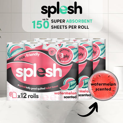 Splesh by Cusheen 3-ply Toilet Roll - Watermelon Fragrance (72 Pack) Soft, Quilted Bulk Toilet Rolls, Toilet Tissue and Loo Rolls – Eco-Friendly Toilet Paper Sustainably Crafted in The UK