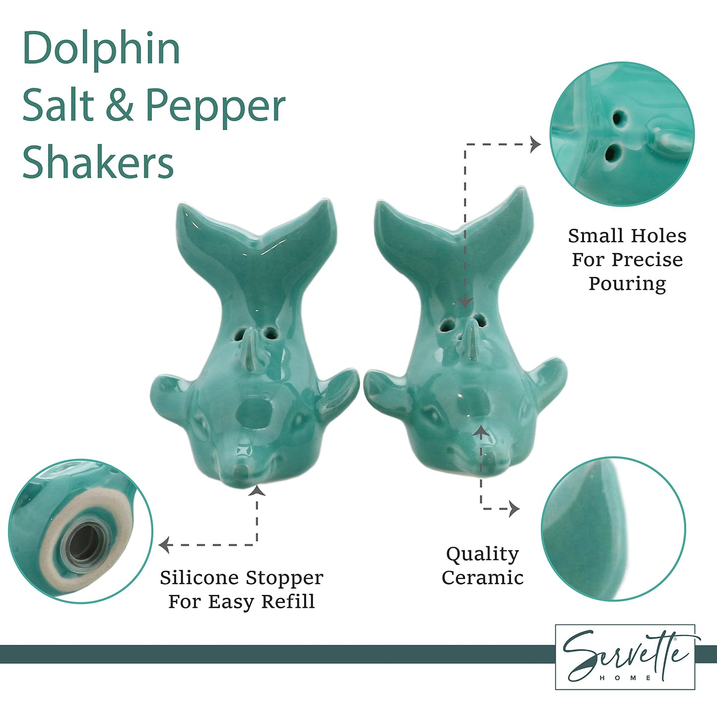 Ceramic Salt & Pepper Shakers Novelty Kitchen Décor - Green Dolphin