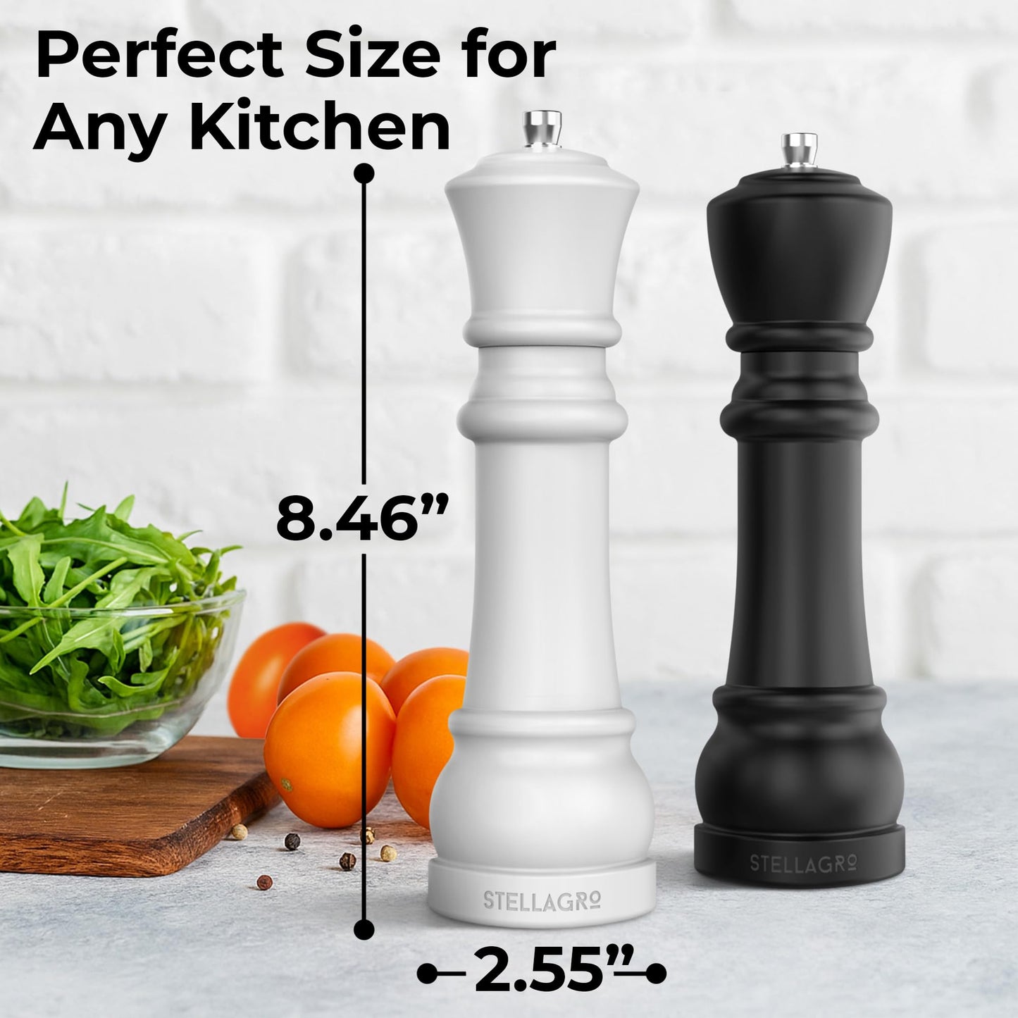 Wooden Salt and Pepper Grinder Set – Chess-Inspired Rubberwood Salt Grinder and Pepper Mill Shakers Set with Ceramic Burr in Gift Box