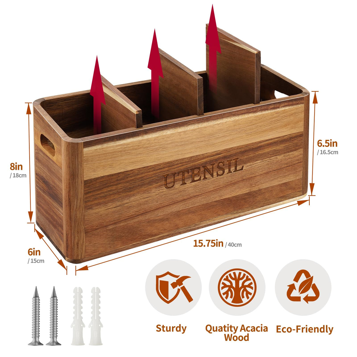 BOTOP Acacia Wood Utensil Holder for Kitchen Counter, 4 Compartment Farmhouse Heavy-Duty Flatware Caddy & Silverware Organizer - Large Kitchen Decor for Spoons, Forks, Parties, Coffee Bar & RV