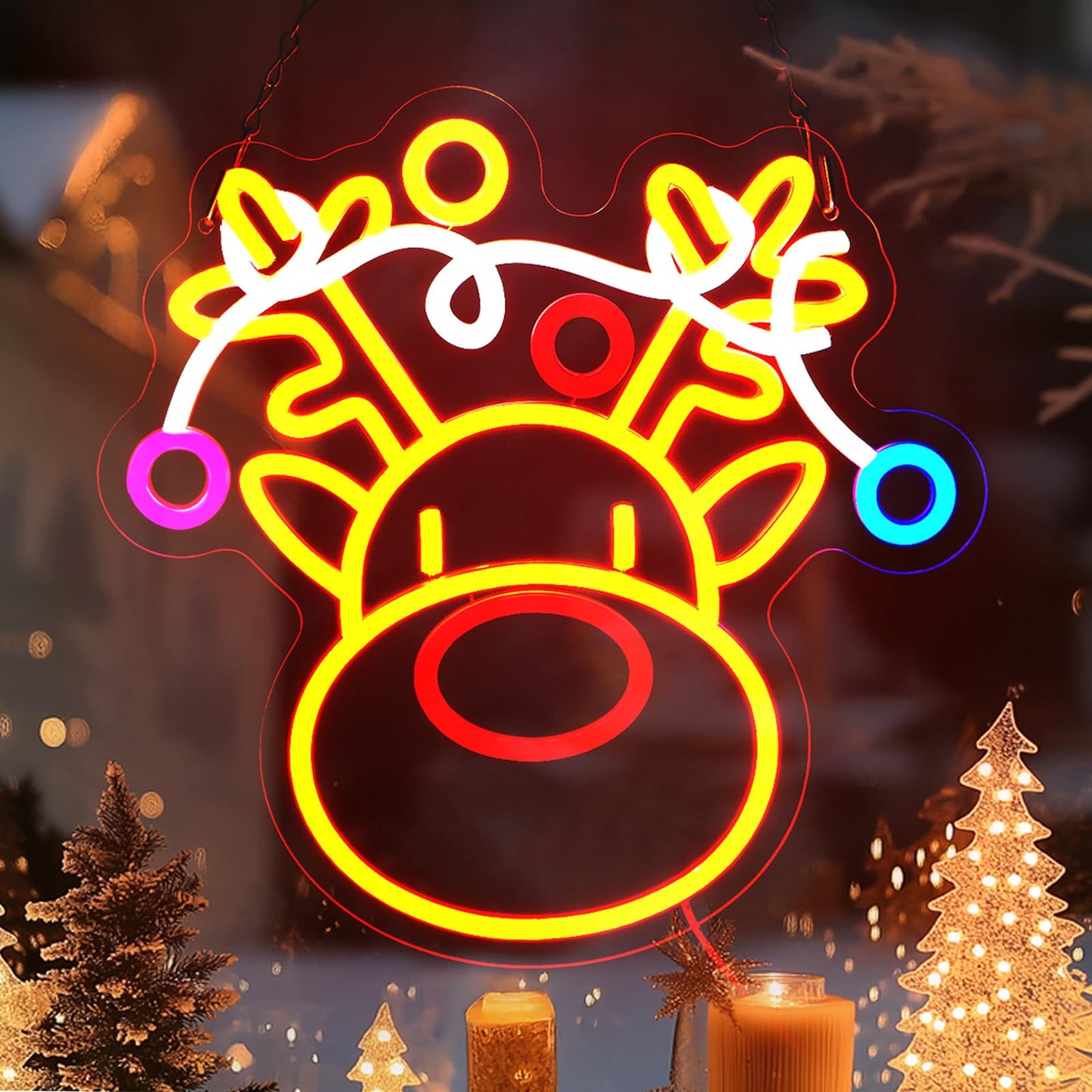 FITNATE Christmas Reindeer Neon Sign, LED Wall Decor Dimmable Elk Neon Light, Light Up Sign for Home Window Party Christmas Decoration