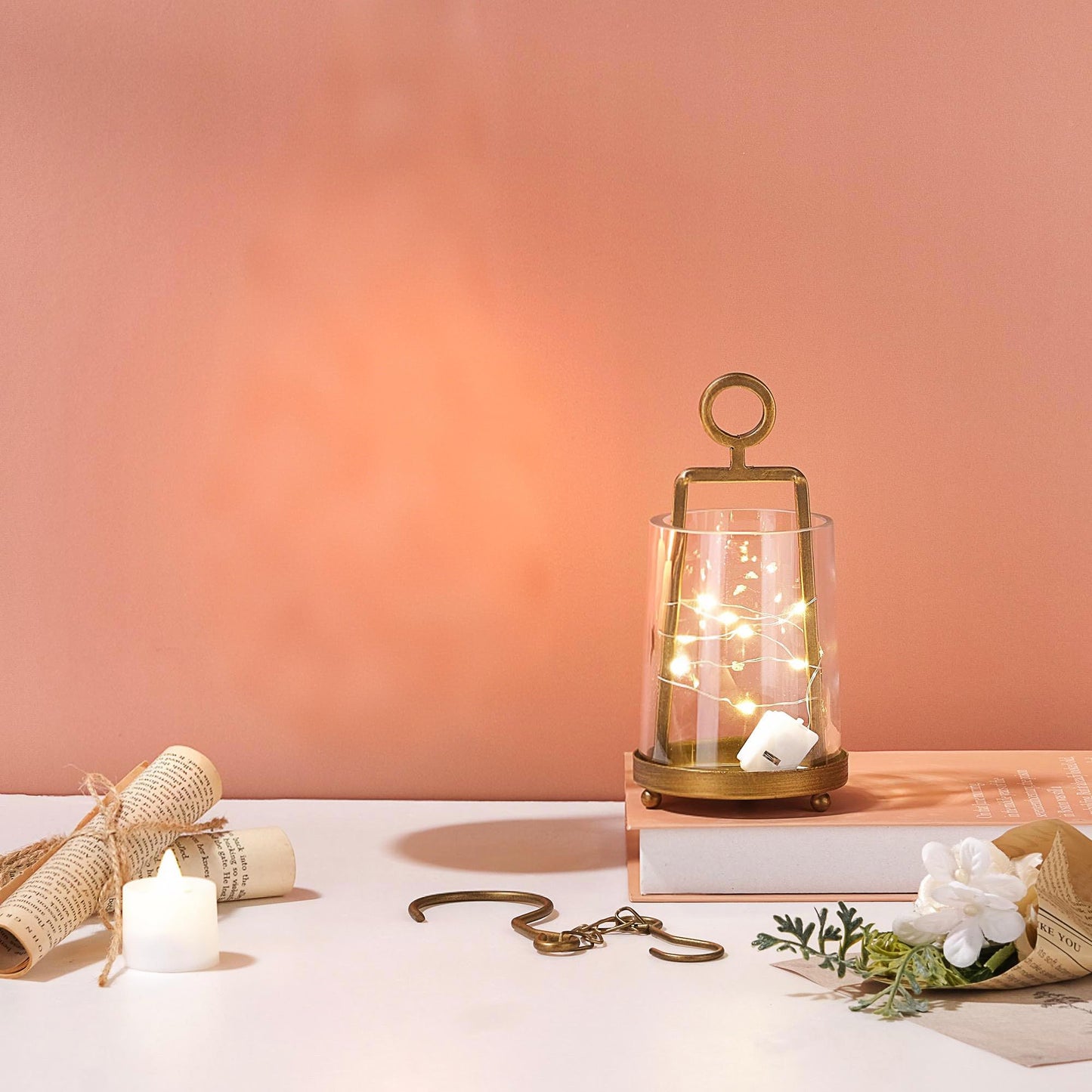 Twakutwaku 3.3" Wide Modern Farmhouse Metal Hurricane Candle Holder with Handmade Sturdy Glass Sleeve in Antique Brass for Pillar Candle & Plants, Glass Hurricane Lantern, Industrial, Minimalistic