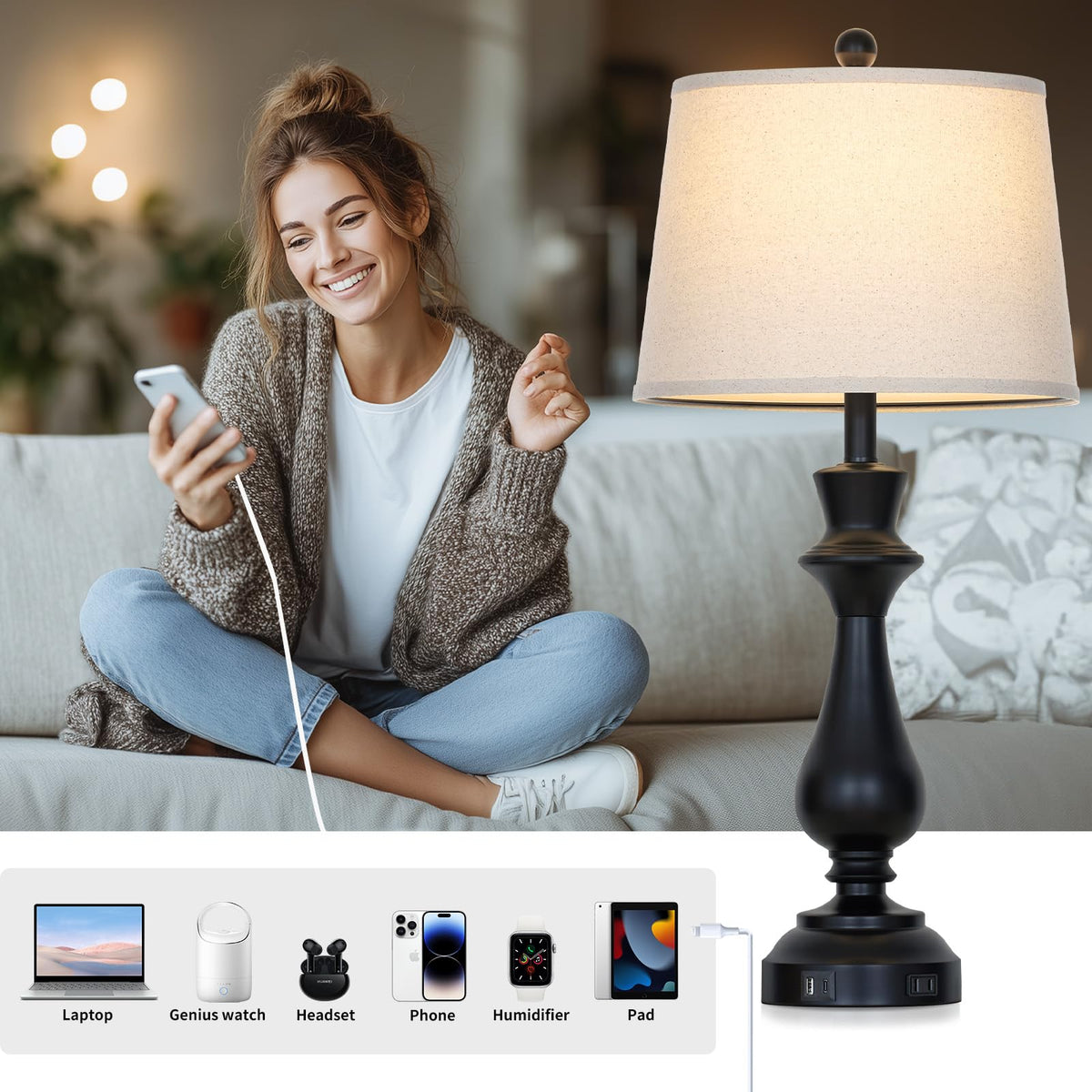 luxeflow Modern Black Table Lamp for Living Room,30" Tall Bedside Lamp with USB Charging Port,3-Way Dimmable Touch Nightstand Lamp for Bedroom Desk Side Table Office,Black-1P