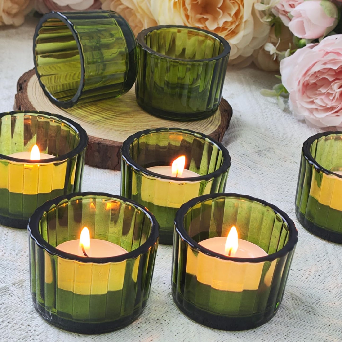Filltown Green Tea Light Candle Holders Set of 12, 5cm x 3.5cm Glass Tea Light Holders for Table Centerpiece, Mini Votive Candle Holders for Weddings, Birthday Parties, Home Decor, Table Decor