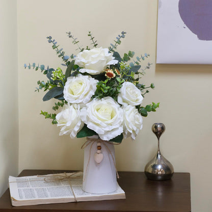Artificial Rose Flower Arrangement in 6'' White Ceramic Vase with Heart Charm Décor, Flower Arrangement with Eucalyptus Stems and Greenery, Rustic Farmhouse Table Centerpiece, 14"H x 9’’W