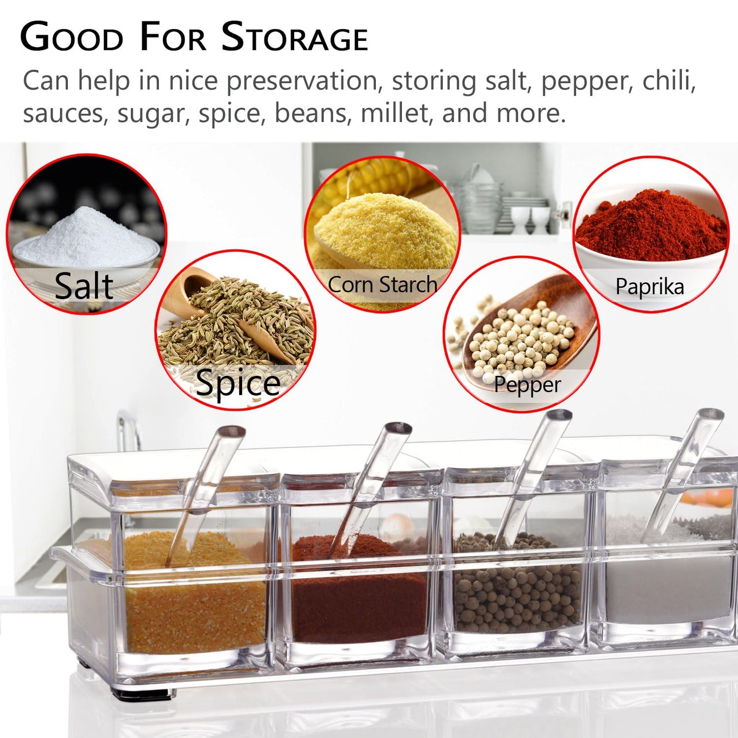 Clear Seasoning Box,V-Resourcing 4 Pieces Clear Seasoning Storage Container for Spice Salt Sugar Cruet,Condiment Jars with Spoons…