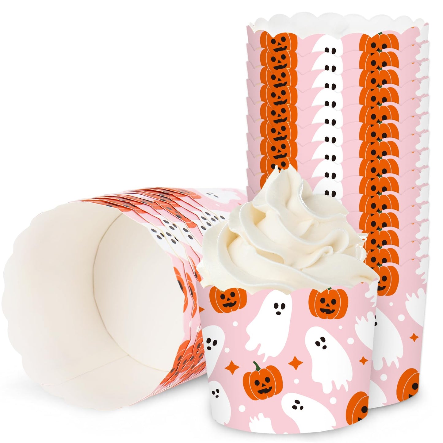JarThenaAMCS 100Pcs Halloween Paper Baking Cups Pumpkin Ghost Cupcake Wrappers Orange Pink White Scalloped Edge Cupcake Muffin Cases for Halloween Dessert Decoration