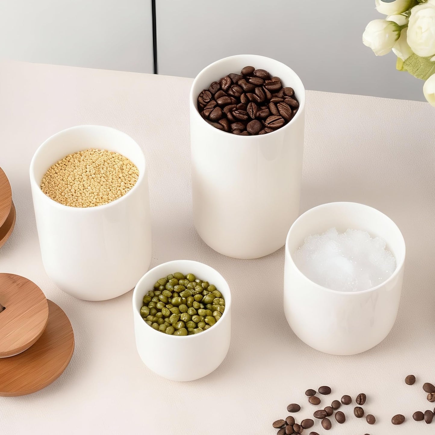 CoorFormer White Ceramic Canister Set with Bamboo Lids, 4-Piece Airtight Food Storage Jars for Kitchen – Flour, Sugar, Coffee, Tea, Spice – Smaller, Small, Medium, Large Sizes