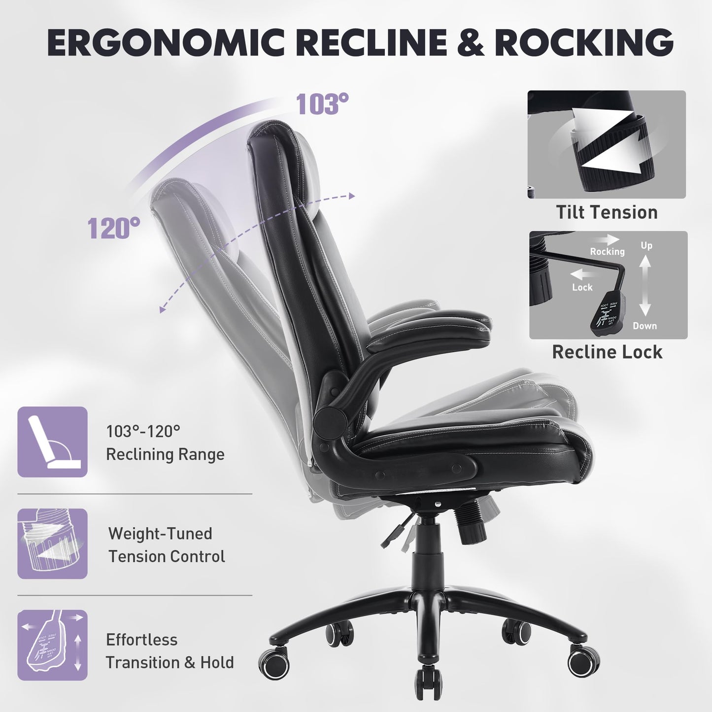 400lbs Capacity Executive Desk Chair Set of 2 with Ergonomic Lumbar Support, Flip-up Arms & High Back Leather Computer Chair for Home/Office, Black