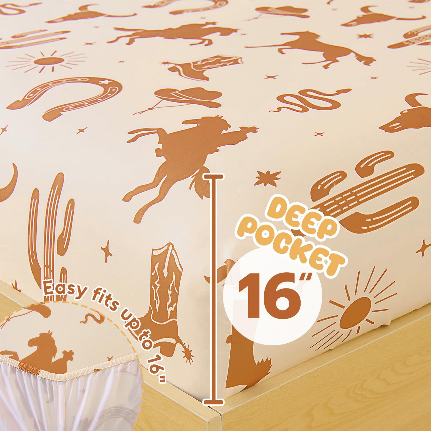 Homilay Full Sheet Set Kids - West Cowboy 4 Pieces Soft Microfiber Cartoon Style Bedsheets for Boys Girls Teens, Oeko TEX Breathable 15 Inch Deep Pocket Sheets(Yellowstone)
