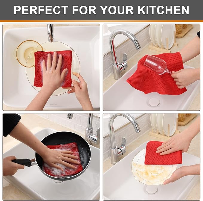 Kitinjoy 100% Cotton Kitchen Dish Cloths, 6 Pack Waffle Weave Ultra Soft