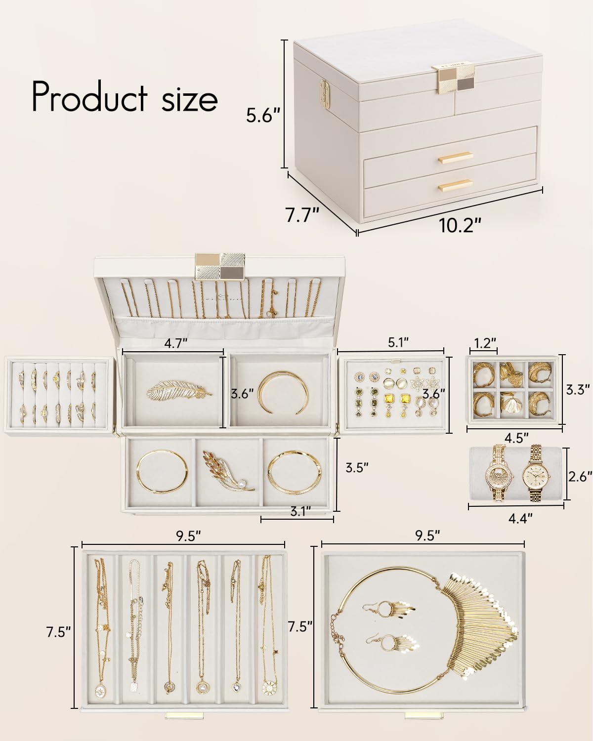 Vlando 4 Layers Jewelry Box - Women Jewelry Box with Retractable Tray - Jewelry Organizer with Drawer for Necklaces, Rings, Bracelets, Earrings, Valentines Gift for Mom Girls - Cloud White