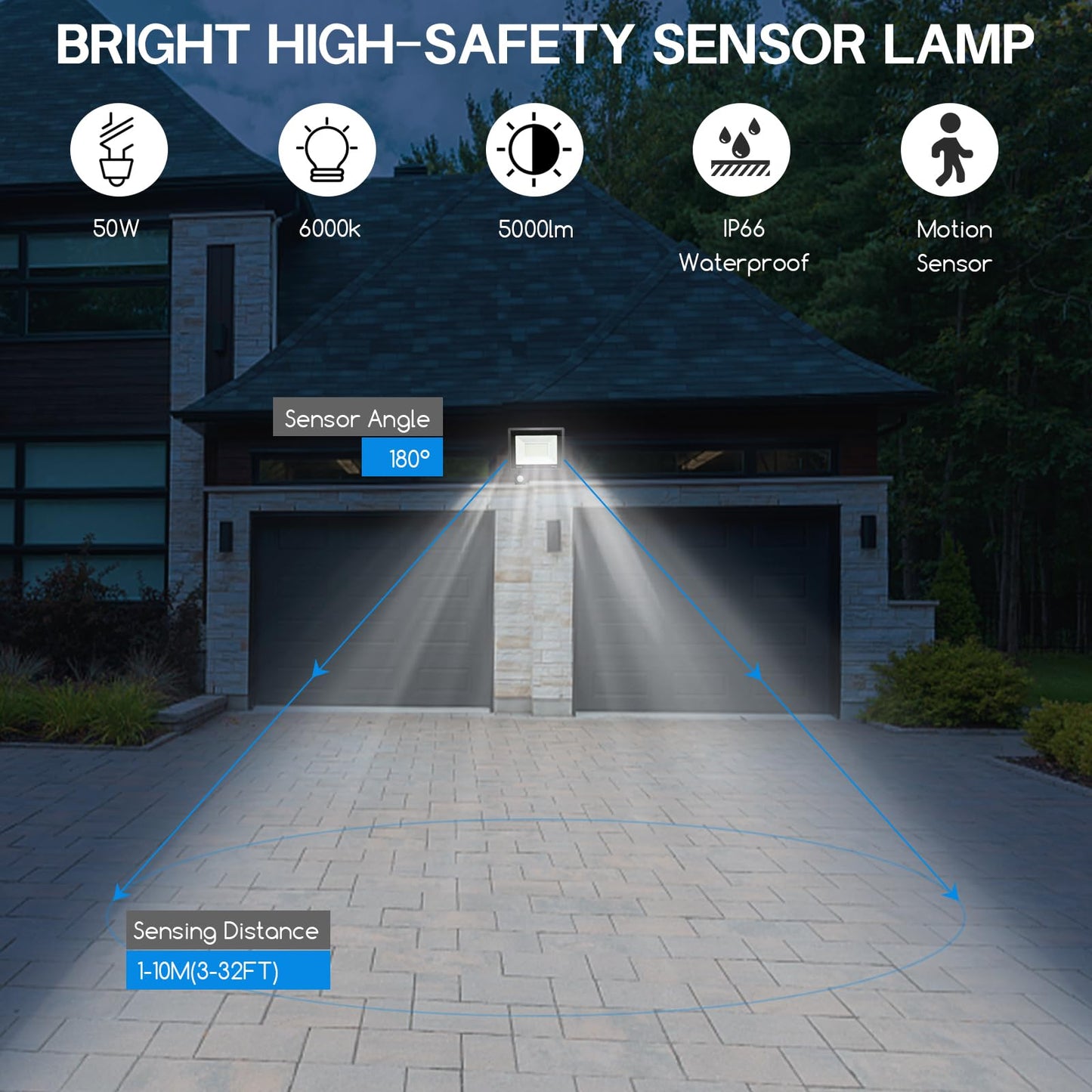 Jsdoin 50W Security Lights Outdoor Motion Sensor 4500 Lumen PIR Security Light 6500K LED Floodlights IP66 Waterproof Outside Daylight Wall Light with 2M Cable for Garage Garden Hallway Backyard