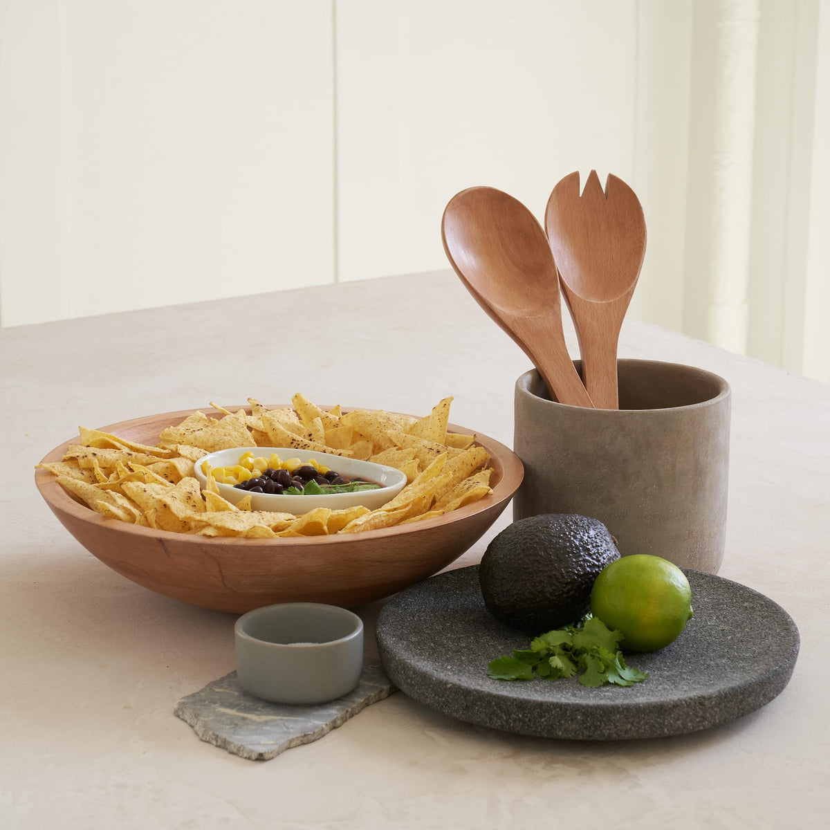 KIBAGA Extra Large Wooden Salad Bowl Set With Serving Utensils - A Beautiful Party Salad & Fruit Bowl With Serving Spoons Perfect for Your Dinner Party - Decorative & Practical Kitchen Must-Have