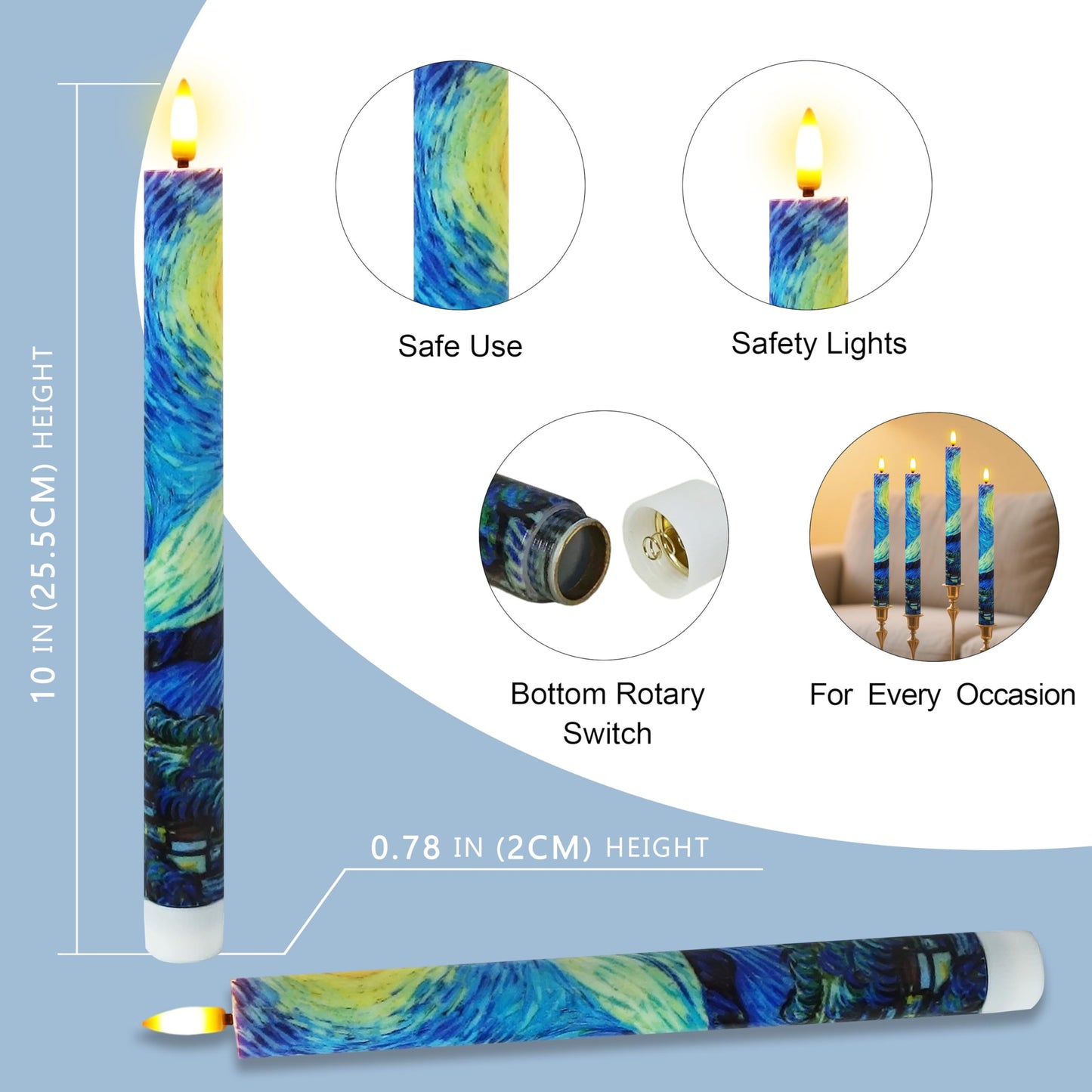 SEUCRWAX 10 Inch Flameless Taper Candles,LED Candlesticks Battery Operated with 10-Key Remote and Timer,4p Flame Lights for Wedding Decoration Party(Starry Sky)