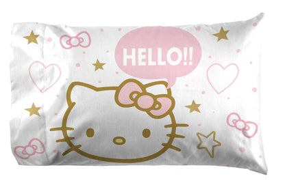Jay Franco Sheet Set with Fitted, Flat Sheets & Pillow Cover - Ultra-Soft Bedding with Pillowcase for Room Decor, Pink - Hello Kitty, 4 Piece Queen