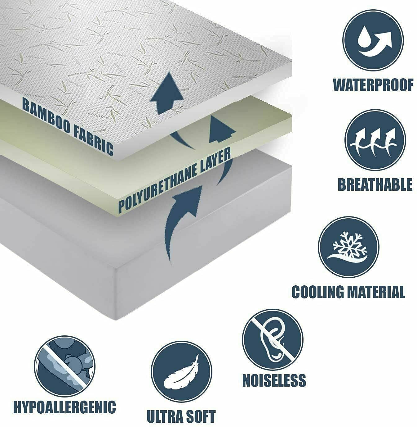 Bamboo Mattress Protector with Zipper - 100% Waterproof Queen Size Cooling Mattress Cover - Ultra Soft Jacquard Fabric Breathable Noiseless Mattress Pad Covers - Zippered Mattress Encasement
