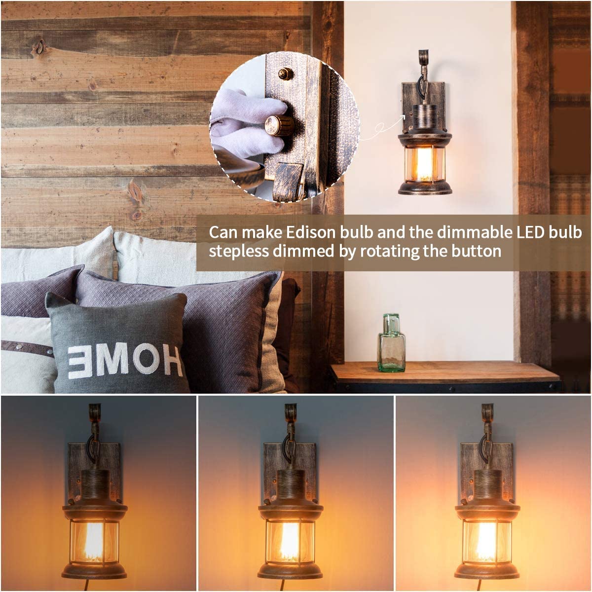 Yisuro Rustic Wall Light, 2-in-1 Antique Bronze Vintage Wall Light Fixture Plug in Industrial Glass Shade Lantern Lighting Retro Lamp Metal Wall Sconce for Home Bedroom Dining Room café(1 Pack)