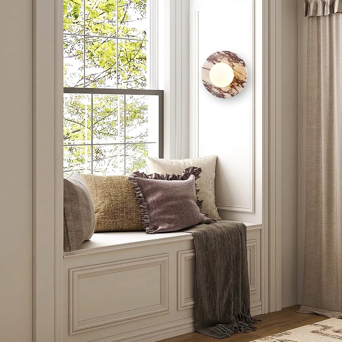 Calacatta Viola Marble Wall Sconce-Unique 7.8”Alabaster Sconce for Bedroom,Bathroom Vanity,Hallway & Yoga Room,Modern Hardwired Marble Style Stone Glass Wall Lamp for Meditation,Reading & Spa Decor