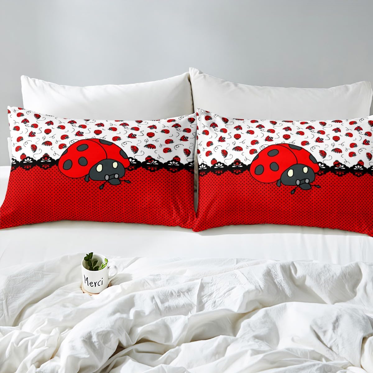 Cute Ladybugs Duvet Cover Set King Size,Red Black Entomology Dots Bedding Set 3pcs for Kids Girls Women Room Decor,Cartoon Animals Comforter Cover Vivid Natural Quilt Cover,2 Pillowcases
