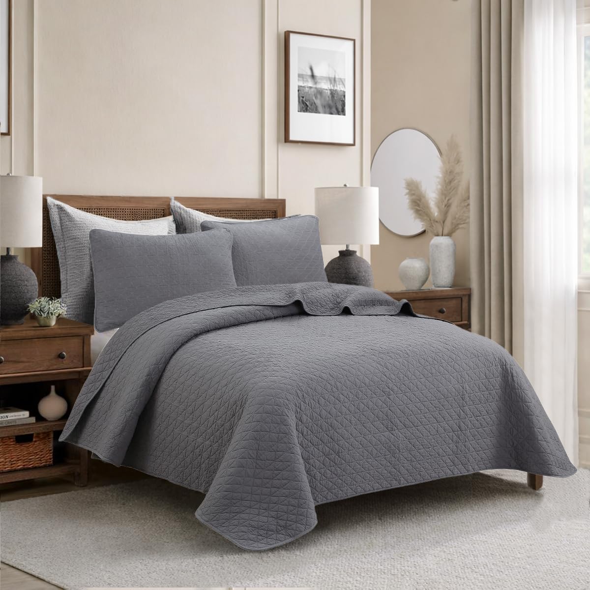 Cozy Line Home Fashions 100% Cotton Quilt Set – 3-Piece Charcoal Gray Solid Classic Modern Quilted Bedspread with Shams, Lightweight All Season Modern Bedding (Diamond Gray, Queen)