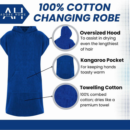 Adore Childrens Hooded 100% Cotton Changing Robe with Pocket Beach Terry Towelling Poncho Towel Swimming Surf (Royal Blue, Age 10-13)