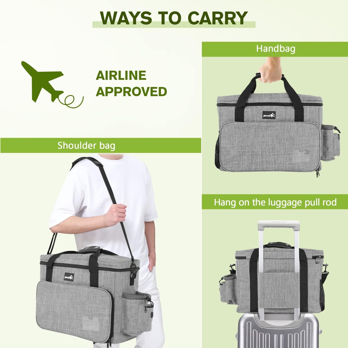 pecute Dog Travel Bag Large, Portable for Travel, Pet with Multi-Function Pockets, Tote Organizer Outdoor use Set 2 Food Bags + Collapsible Bowls, Grey