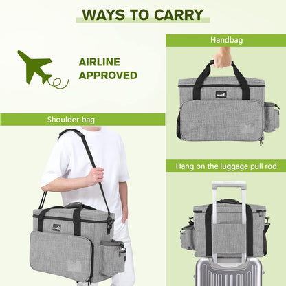 pecute Dog Travel Bag Large, Portable for Travel, Pet with Multi-Function Pockets, Tote Organizer Outdoor use Set 2 Food Bags + Collapsible Bowls, Grey
