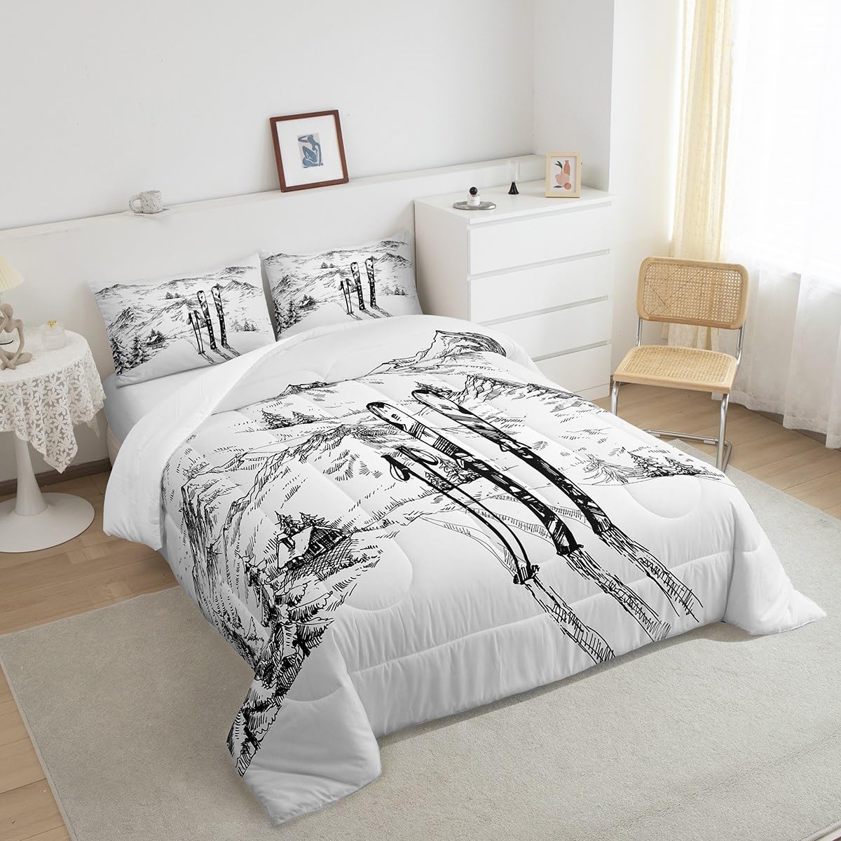 Erosebridal Ski Comforter Set Full, Winter Sports Games Duvet Sets for Kids Teens Adult Bedroom, Winter Skiing Bedding Set Mountain Sketch Illustration Quilted Duvet 3 Piece with 2 Pillow Cases