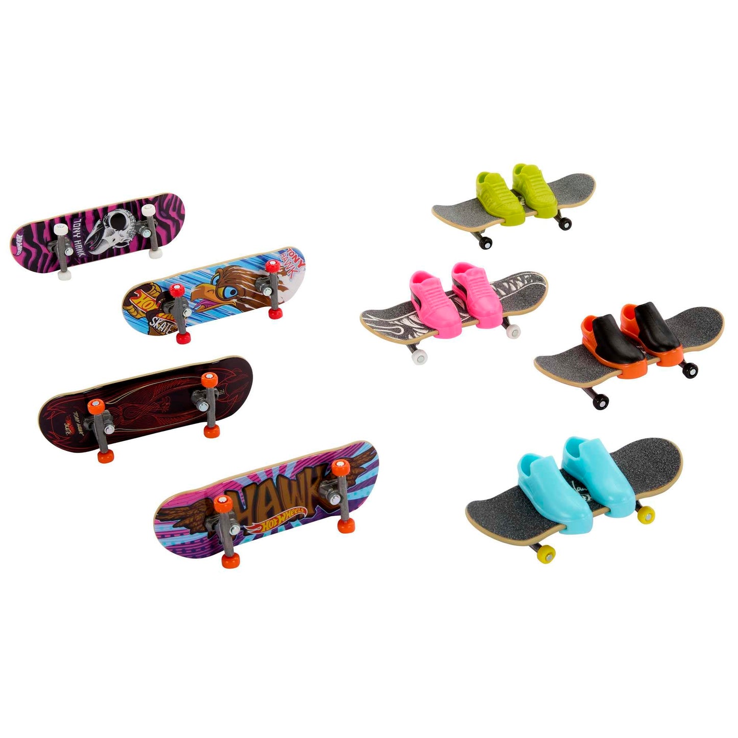 Hot Wheels Skate, 8 Fully Assembled Tony Hawk-Themed Finger Skateboards and 4 Pairs of Skate Shoes, 1 Exclusive Set, 8-Pack Bundle, HMY19