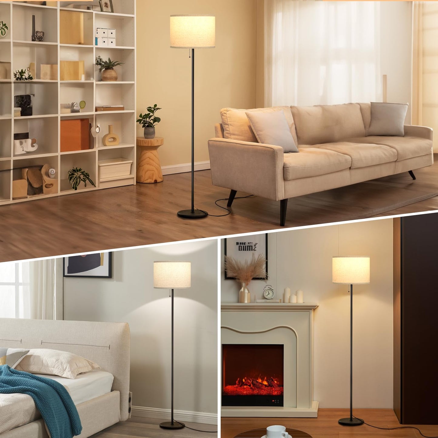 Ambimall Modern Standing Floor Lamp for Living Room & Bedroom with 3 Color Temperatures Bulb & Pull Chain Switch, 60" Tall with Beige Shade & Black Pole