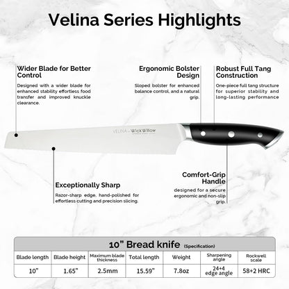 WICKWILLOW 10" Bread Knife – Razor Sharp German Steel – Serrated Knife for Homemade Bread & Sourdough – Full Tang & Ergonomic Handle – Gift Box – Velina Series