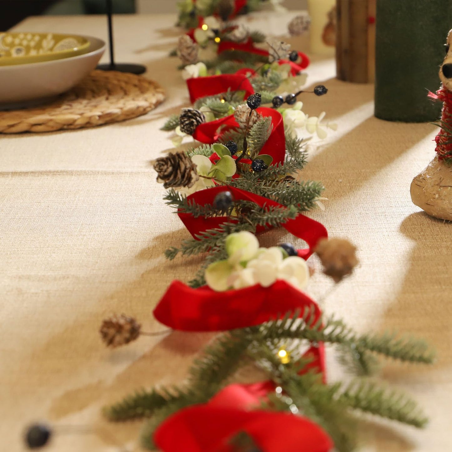 MIYA LIFE Mixed Berry Christmas Garland with Lights - 6.5FT Norfolk Pine Branch with Blueberry, White Flowers & Warm White LED Lights Battery Powered with Remote Ideal Christmas Garland for Mantle