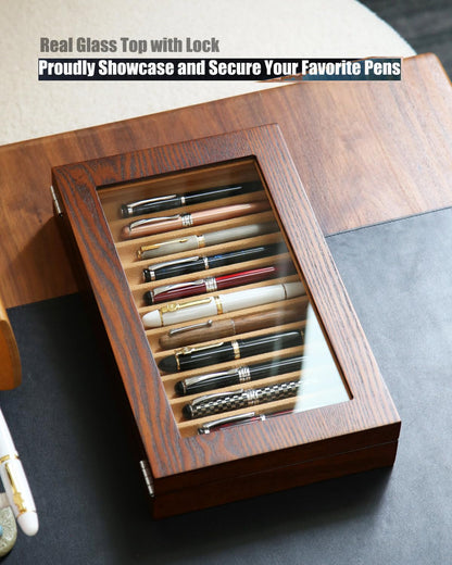 Besforu 12-Slot Fountain Pen Collector Case – Lockable Wooden Organizer with Glass Display Top, Premium Storage Box for Writing Instruments and Gift for Men