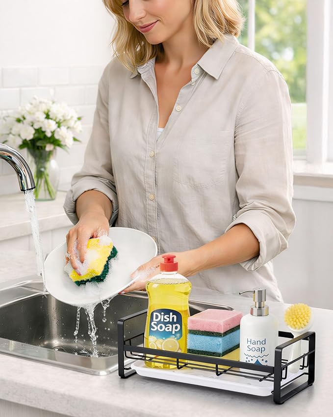 HULISEN Large Sponge Holder, 304 Stainless Steel Kitchen Soap Dispenser Caddy
