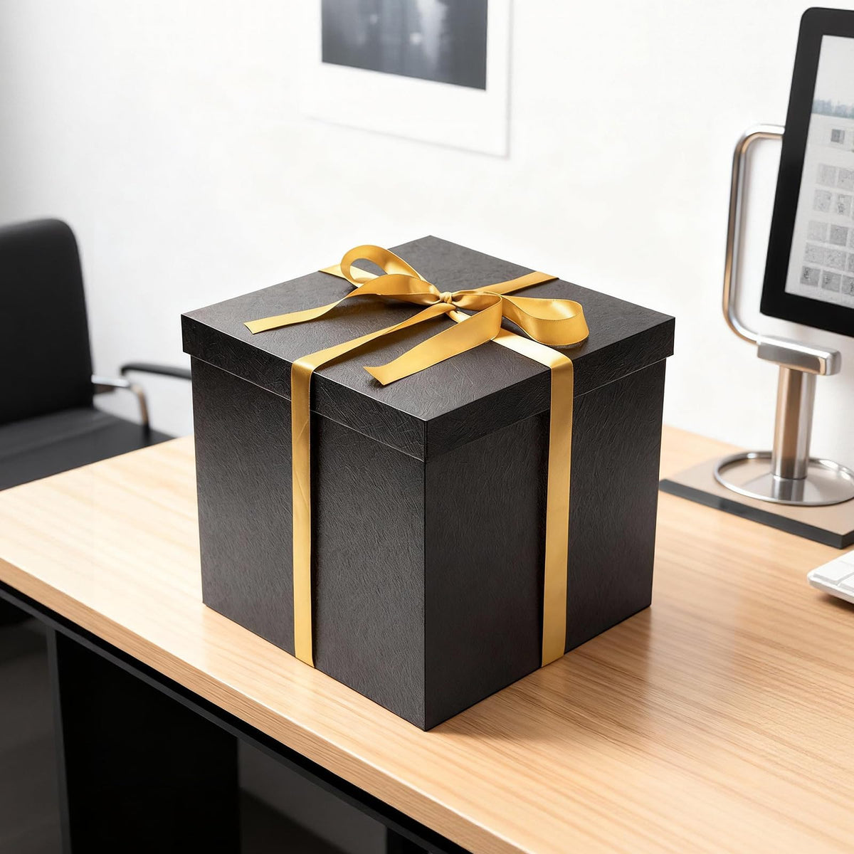 Mefleet Large Gift Box with Lid for Presents 12x12x12 Inches Extra Big Deep Square Black Boxes 1 Pack for Christmas, Birthday, Valentine's Day, Mother's Day - Contains Crinkle Paper, Ribbon and Card
