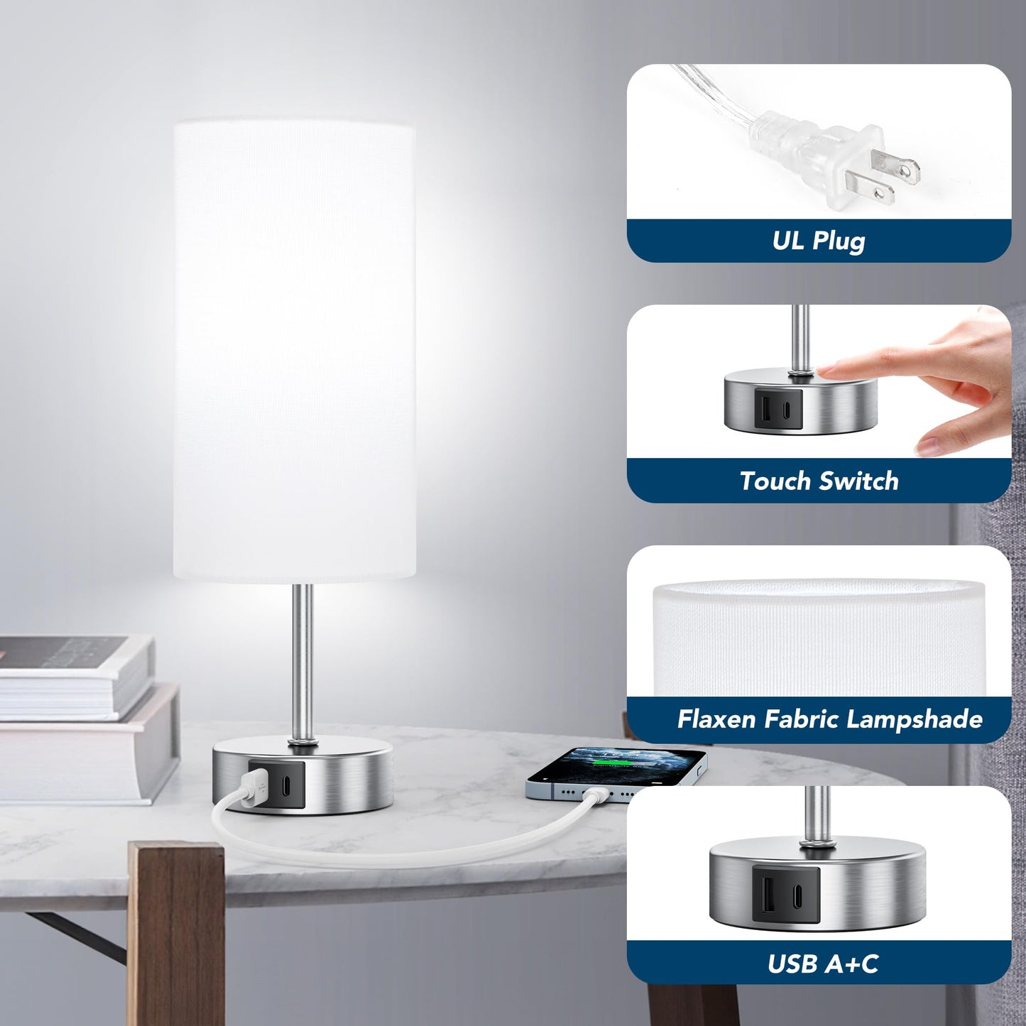 ROTTOGOON 12.8" Touch Control Table Lamp, 3-Way Dimmable Small Bedside Nightstand Lamp with 2 USB Ports, Modern Table Lamps with 6500K Daylight LED Bulb for Bedroom Living Room