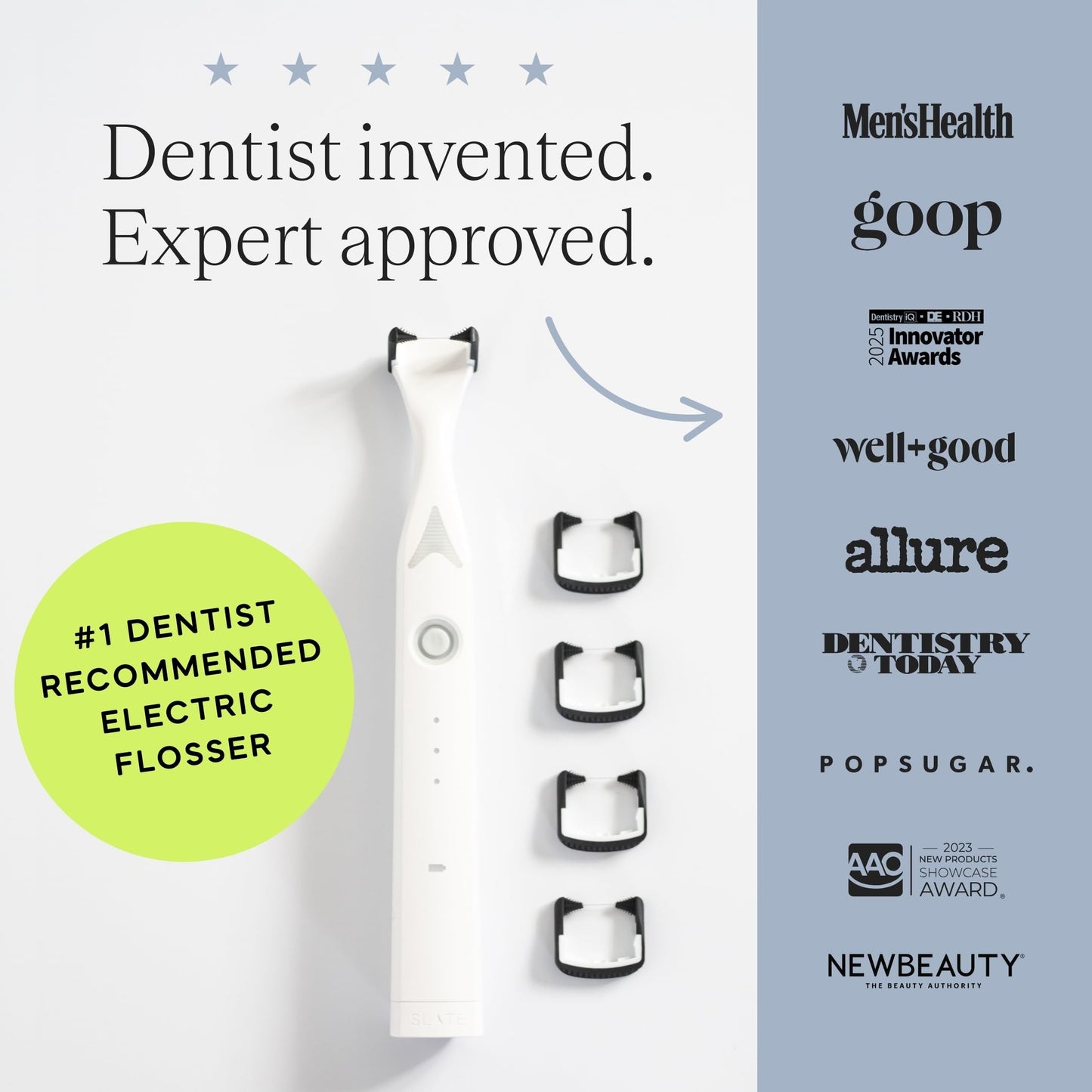 Slate Electric Flosser - Starter Set | 3-in-1 Dentist-Invented with Reusable Floss Heads, Gum Brushes & Tongue Scraper | More Effective Than String or Water Floss