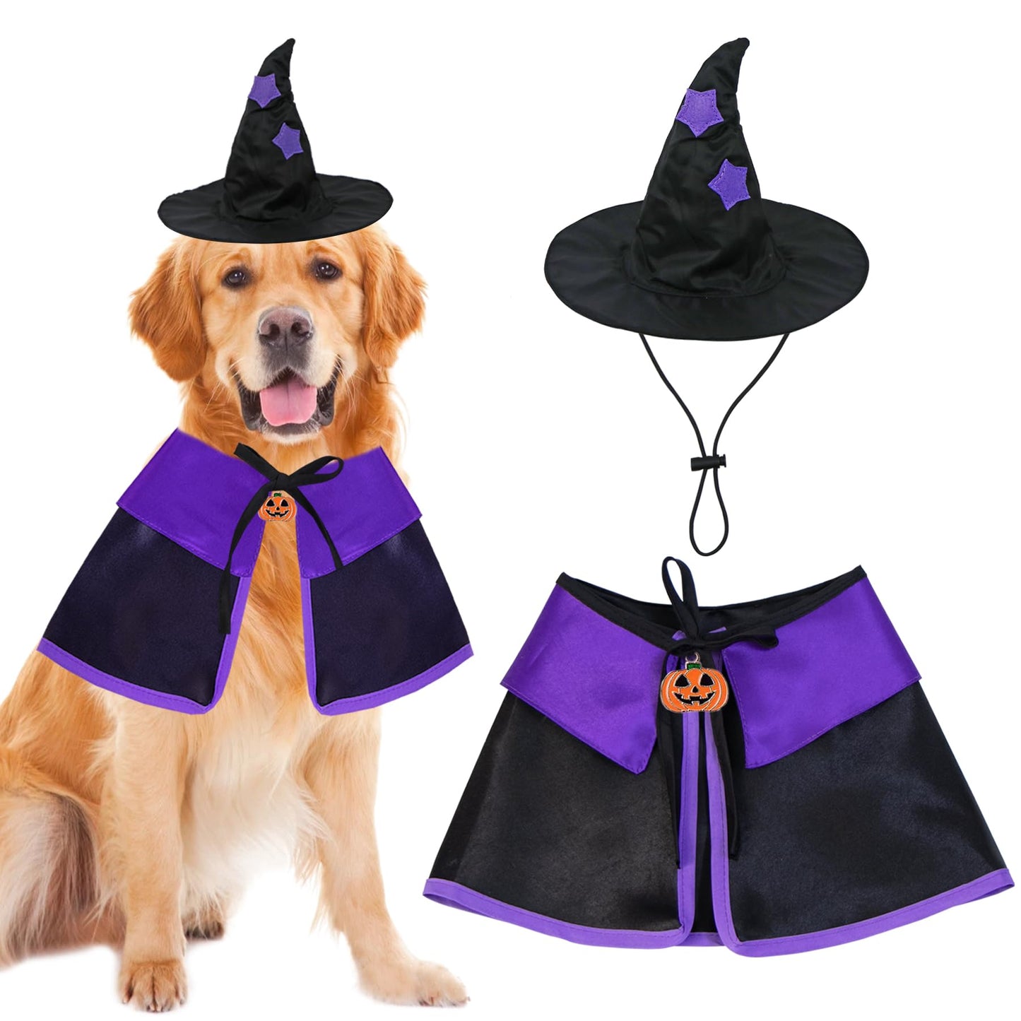 GOYOSWA Dog Halloween Costumes, Dog Witch Costume Halloween Dog Witch Cloak Cape Wizard Hat Halloween Costumes for Small Medium Large Dogs Pets (Large)