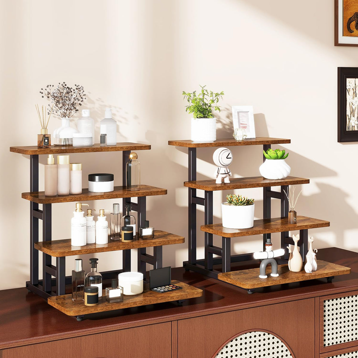 IBUYKE 4 Tier cupcake stand,Wooden Risers Display Stands,Tiered Display Stand for food,Dessert Table Display for Party,Afternoon tea, Family Gatherings,Rustic Brown UTLJ018H