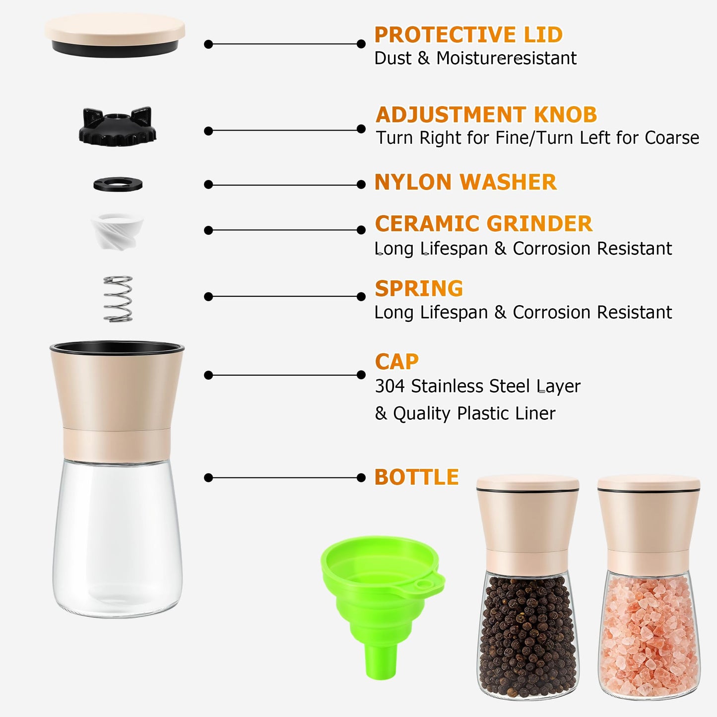 R DRURLCD 2PK Beige Salt and Pepper Grinder Set, Short Glass Shakers with Stainless Steel & Glass Mills, Adjustable Coarseness for Kitchen, Dining & BBQ W/Funnel