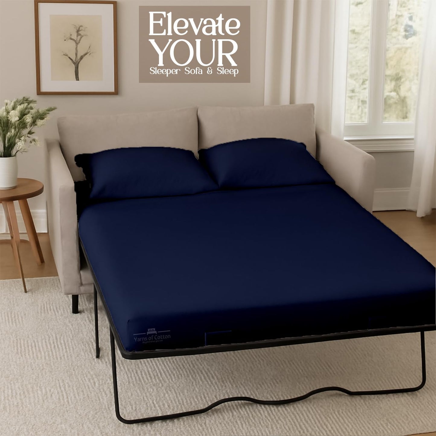 Sleeper Sofa Bed Sheet, 100% Cotton 400 Thread Count, 4 Piece Set, Deep Pocket Fitted Sheet, Soft Wrinkle Free & Breathable, Luxury Hotel Quality, Fits Up to 6 Inch Mattress (Full, Navy Blue)
