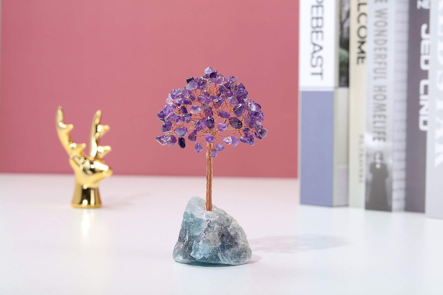 Jovivi Natural Amethyst Crystal Tree, Raw Healing Crystals Fluorite Base Bonsai Money Tree for Home Office Table Decor Wealth and Luck