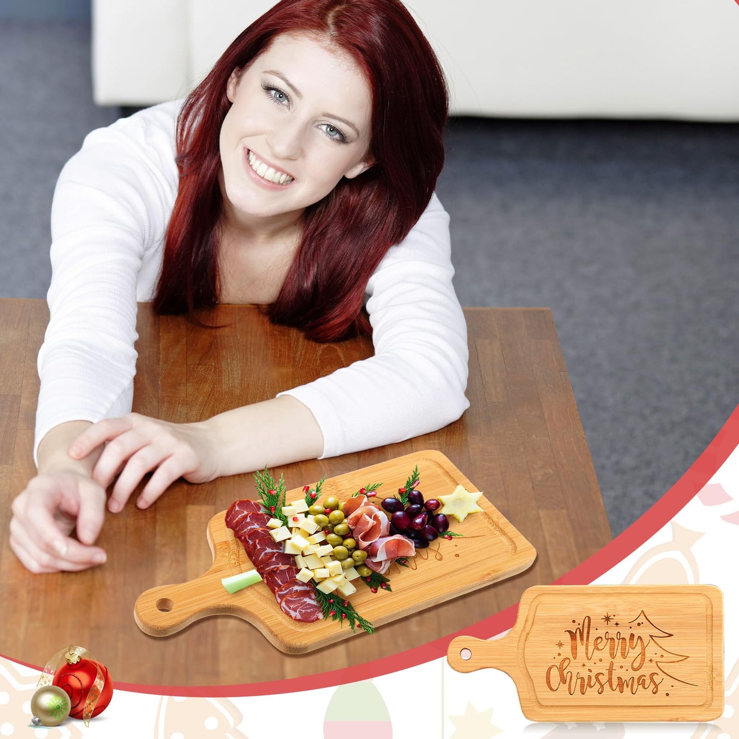 Ziliny 4 Set Christmas Cheese Board and Knife Set, Wooden Small Charcuterie Board Mini Holiday Serving Tray with Knives for Xmas Gift Party Home Decoration (Square)