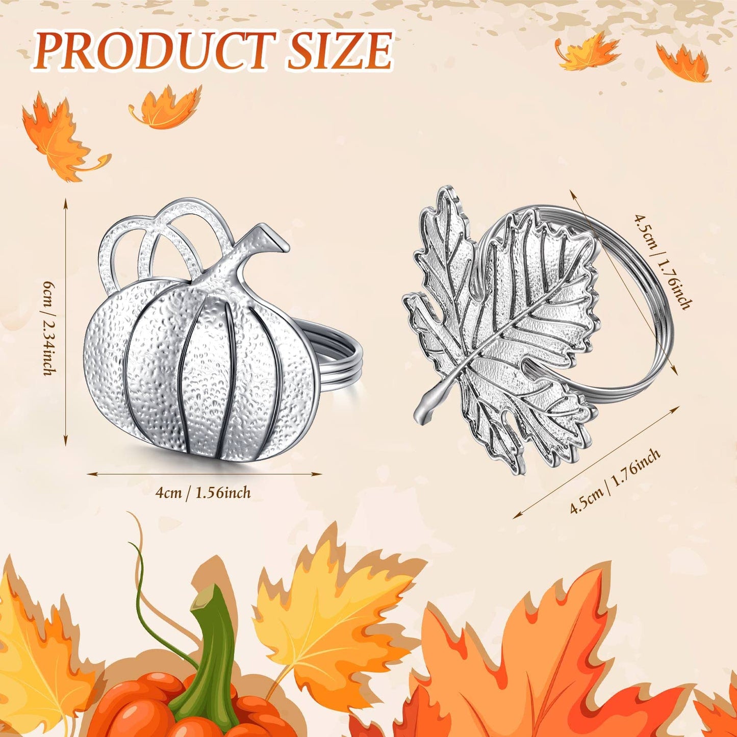 Patelai 12 Pieces Thanksgiving Napkin Ring Set Pumpkin Maple Leaf Fall Leaf Rings Halloween Napkin Holders Ring Kit for Thanksgiving Halloween(Maple and Pumpkin,Silver)