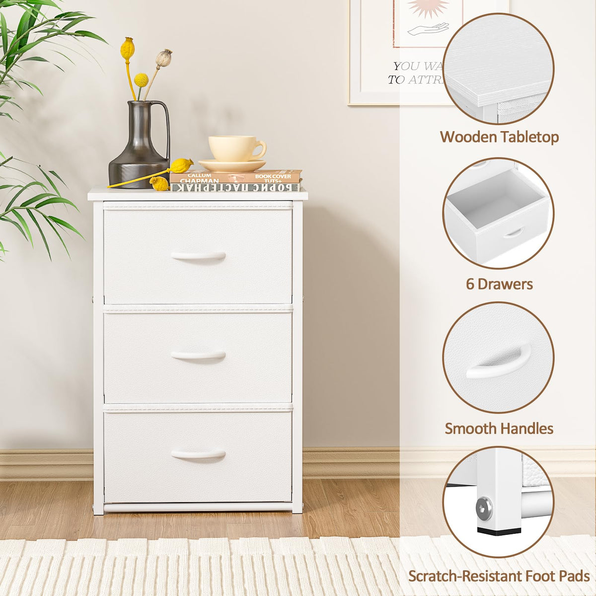 DAOUTIME 2-Pack Stackable Storage Drawers (6 Drawers Total), White Closet Organizer with Wooden Top & Metal Frame, Freestanding or Stackable Dresser for Bedroom, Living Room, Under Bed