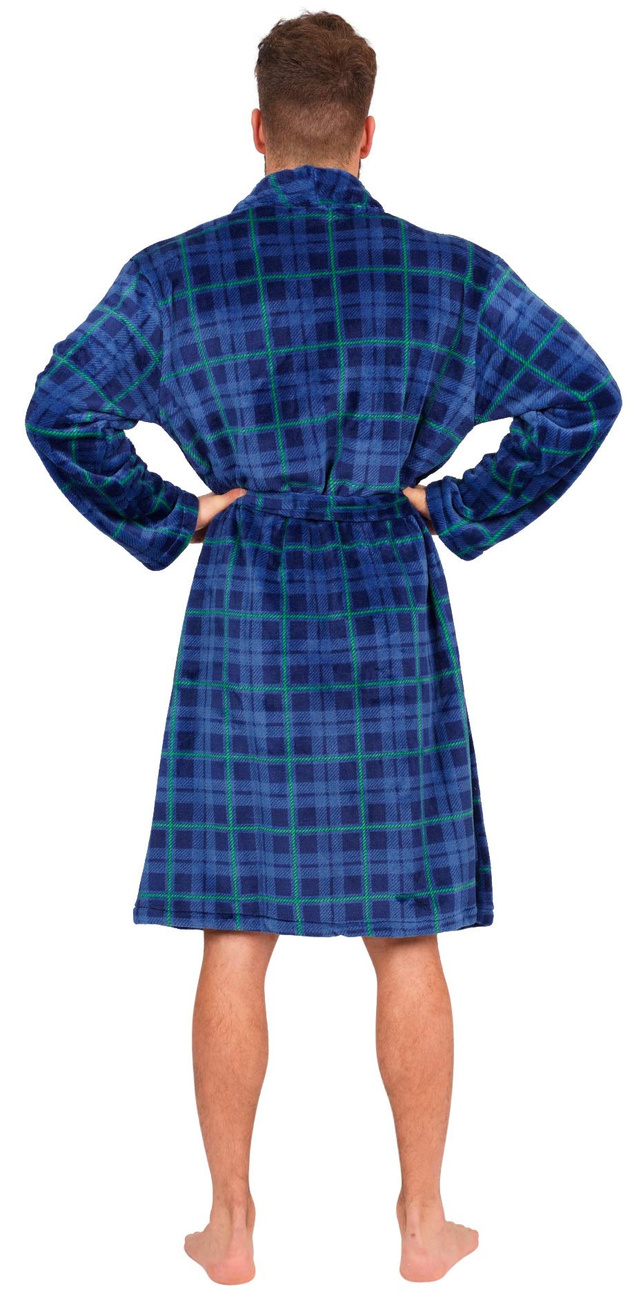 Adore Home Mens Soft Warm Flannel Fleece Bathrobe Mens Dressing Gown Shawl Collar, Check Blue, L-XL